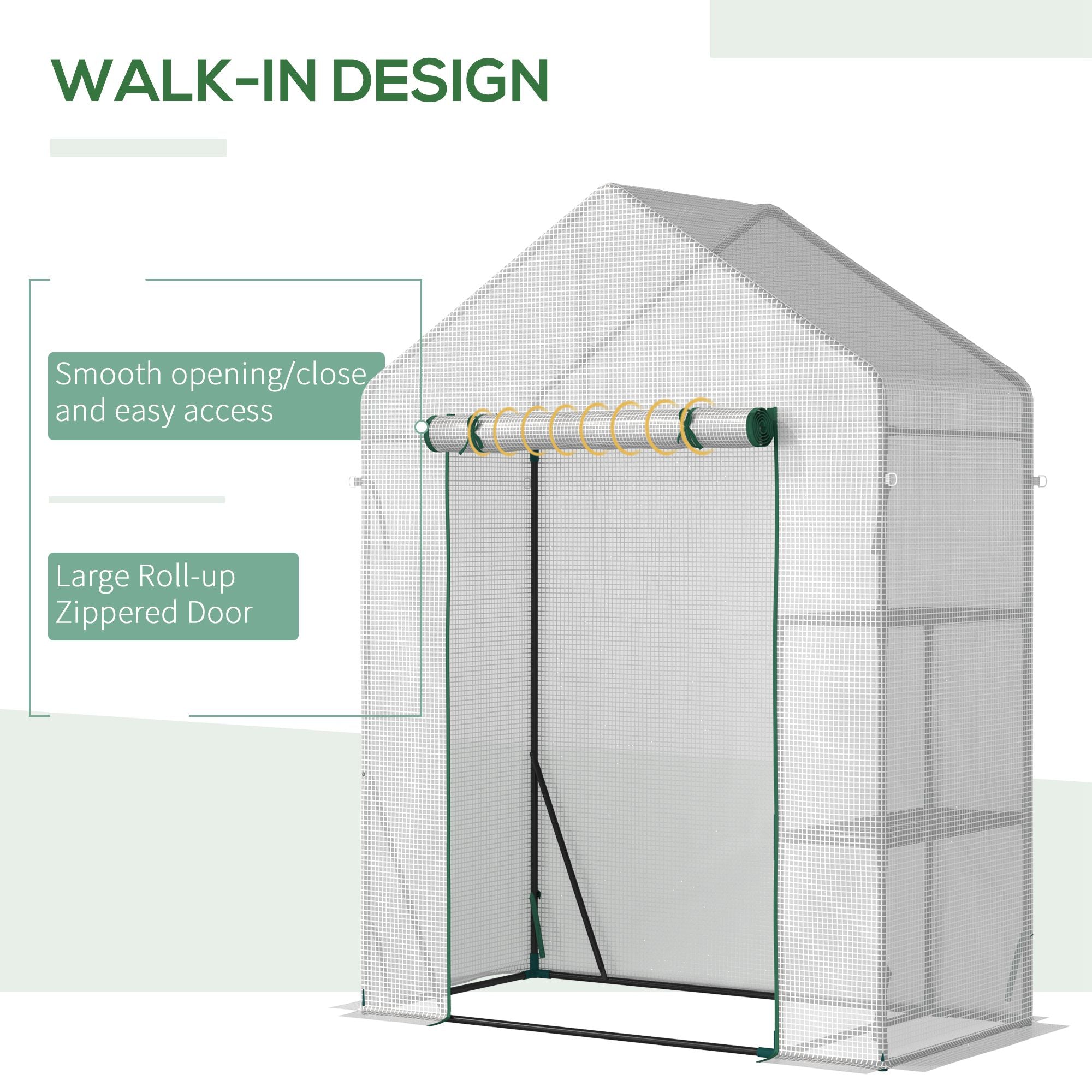 Outsunny walk in greenhouse with green frame white mesh and roll-up door for easy plant care and gardening