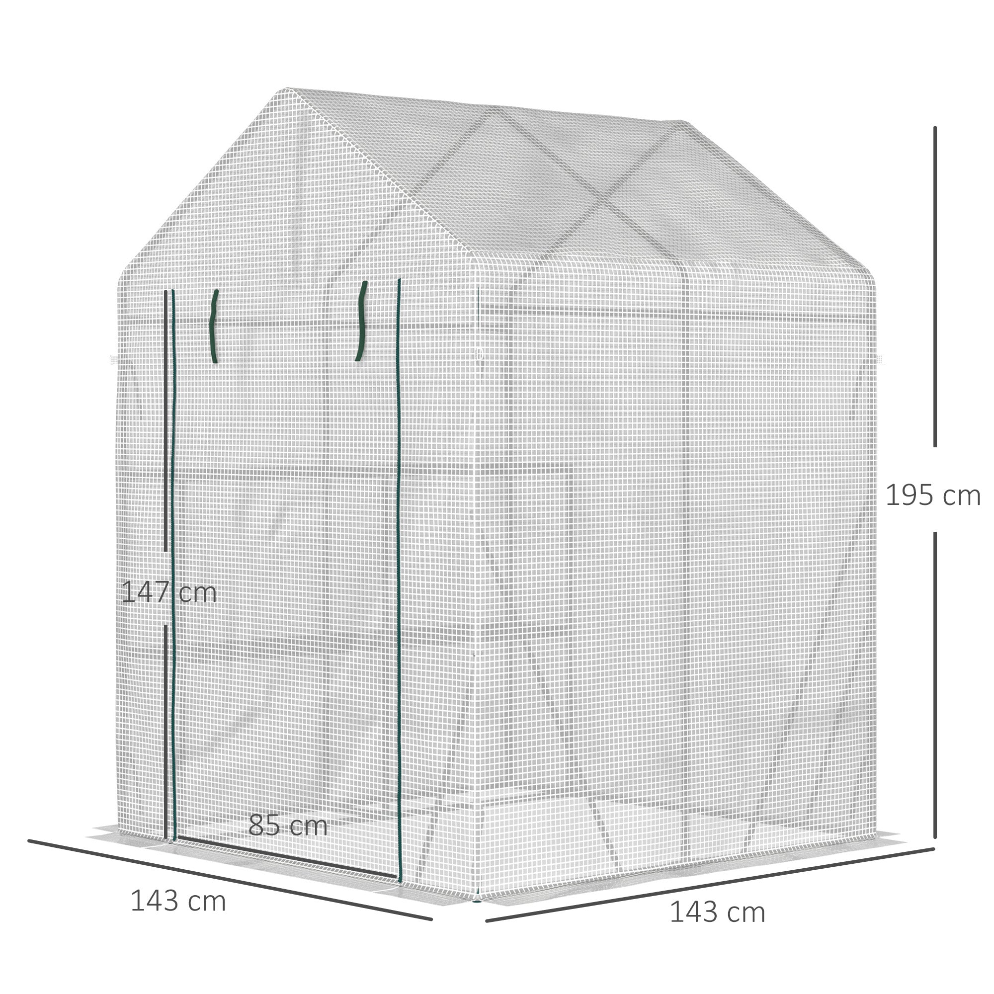 White mesh Outsunny walk in greenhouse with green trim, roll-up door, reinforced PE cover, and labeled dimensions
