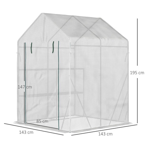 White mesh Outsunny walk in greenhouse with green trim, roll-up door, reinforced PE cover, and labeled dimensions
