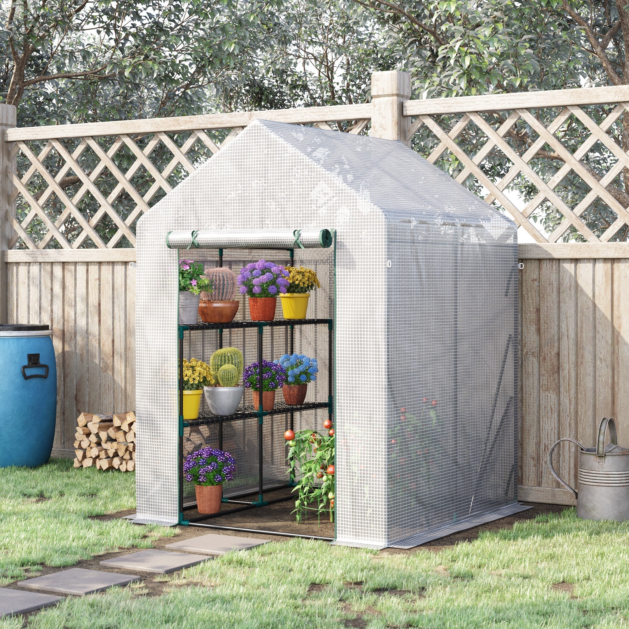 Outsunny small transparent greenhouse with black metal frame mesh sides and roll-up door for easy plant access