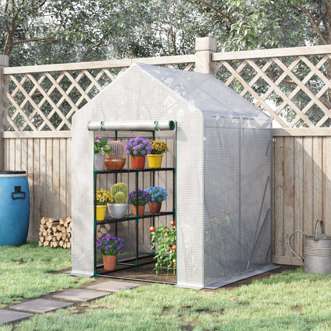 Outsunny small transparent greenhouse with black metal frame mesh sides and roll-up door for easy plant access