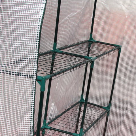 Green metal shelving unit with wire mesh shelves inside outsunny walk in greenhouse with roll-up door and reinforced pe cover