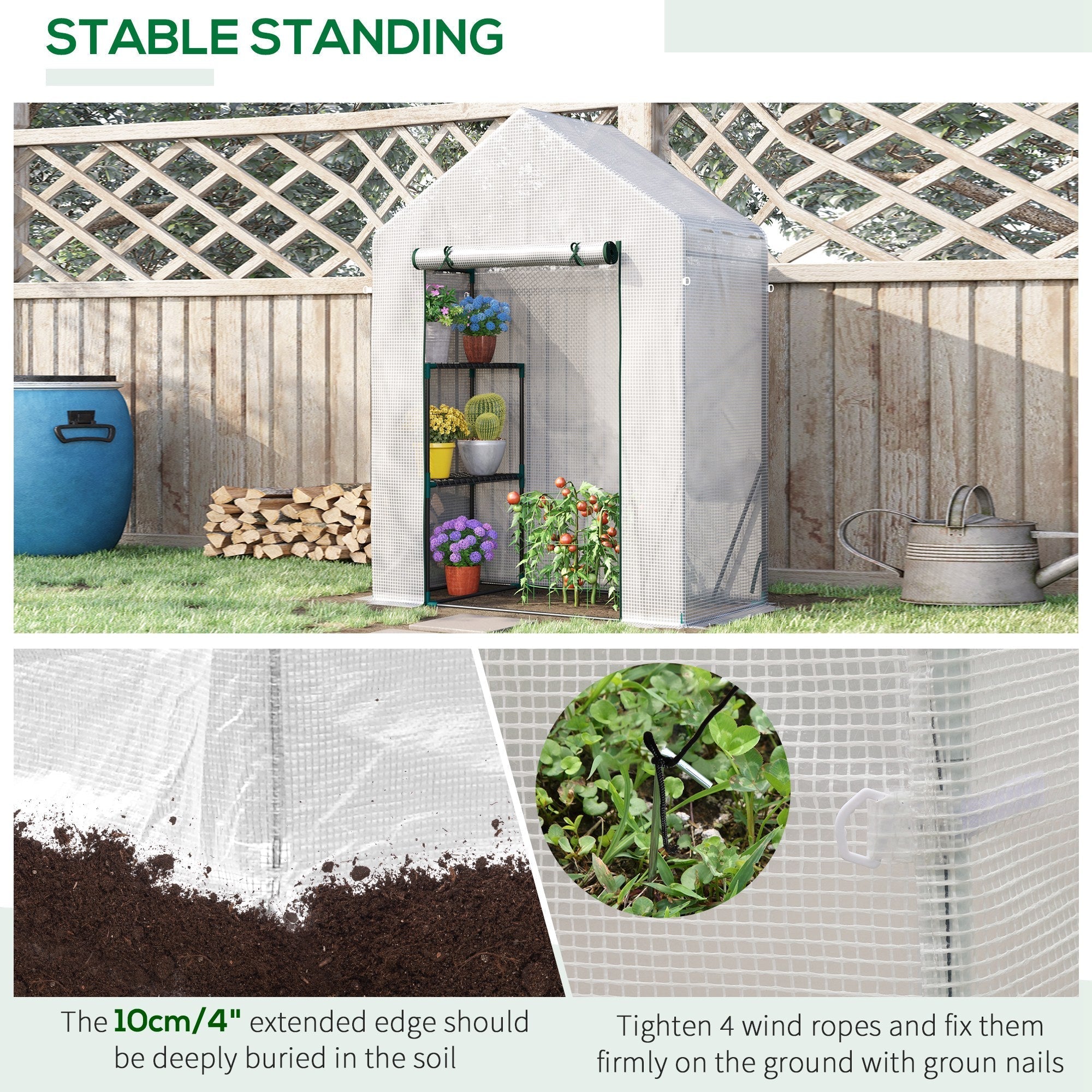 Outsunny walk in greenhouse with green metal frame white mesh and roll-up door for portable gardening plants