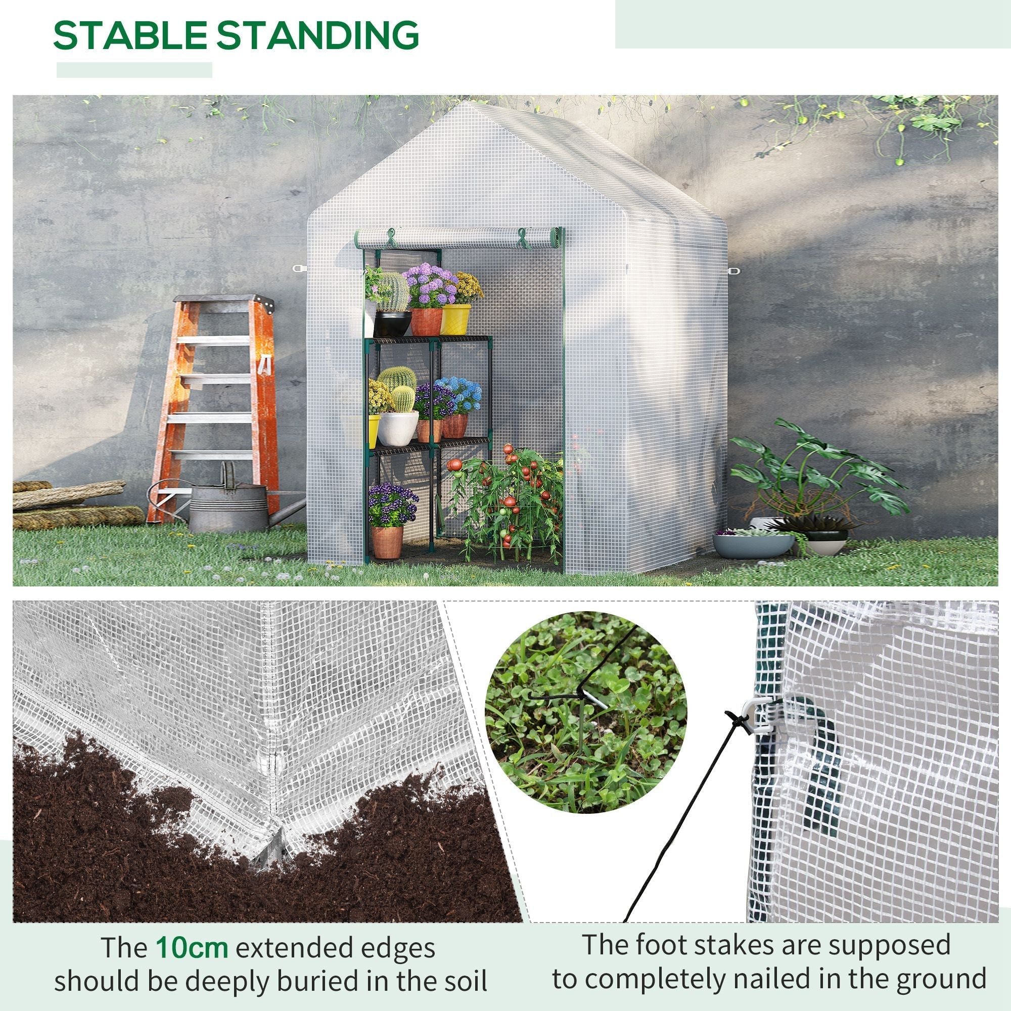 Outsunny walk in greenhouse with green metal frame, white mesh, 2 tier shelf, and roll up door for easy access