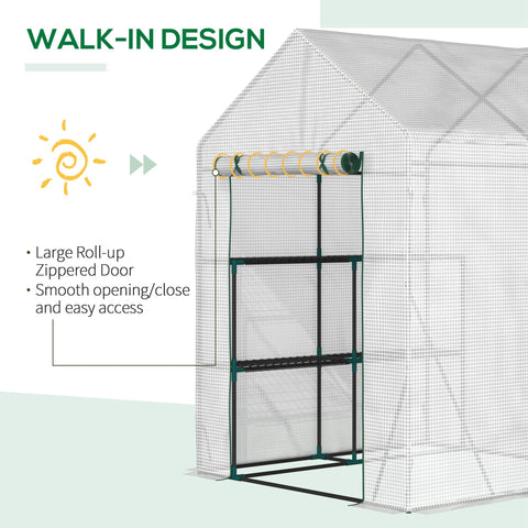 Outsunny green walk-in greenhouse with reinforced pe cover and large roll-up door for easy gardening access