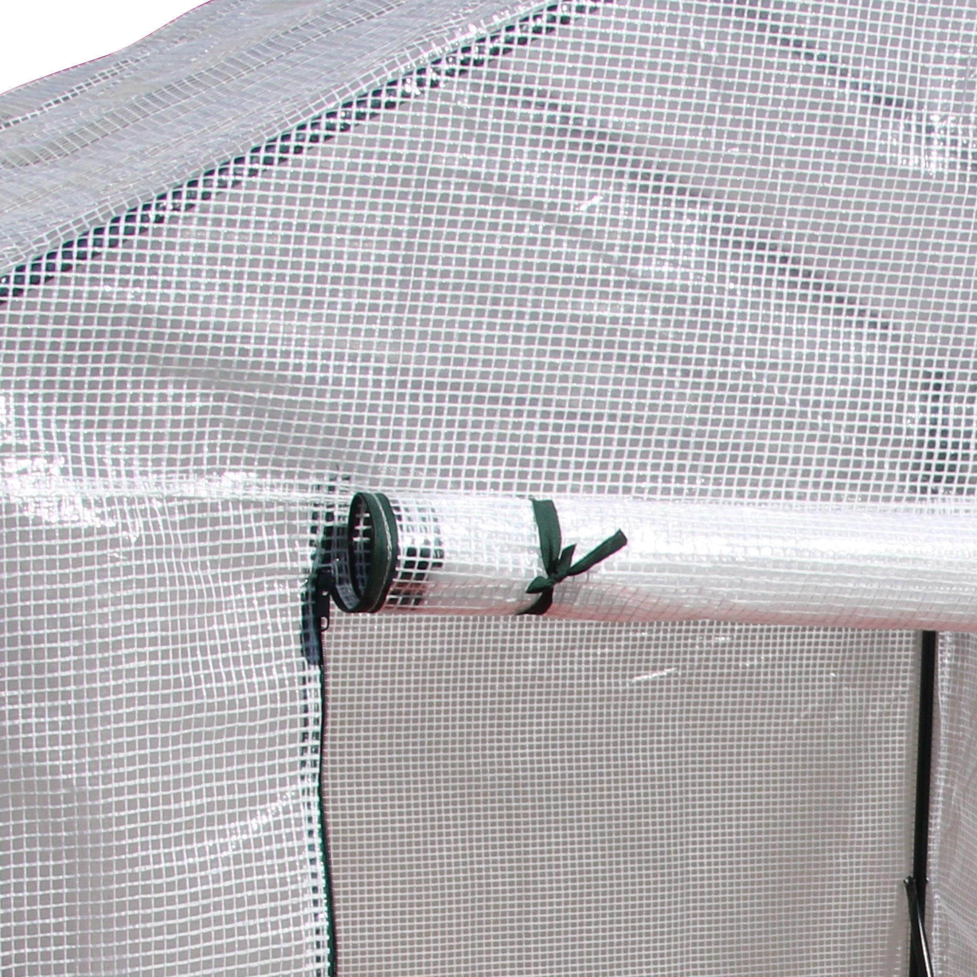 Outsunny walk in greenhouse with white mesh cover, green trim, black frame, and roll-up door for easy access