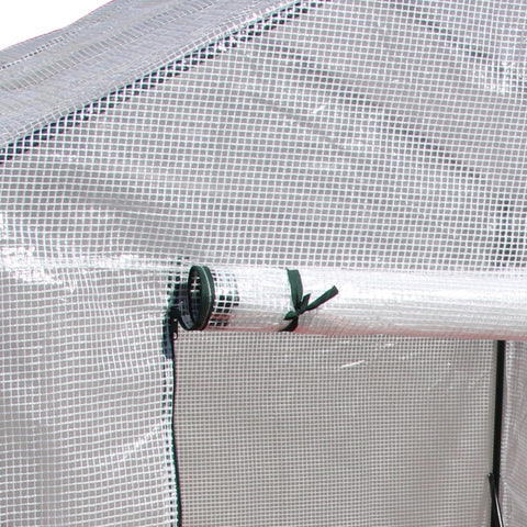Outsunny walk in greenhouse with white mesh cover, green trim, black frame, and roll-up door for easy access