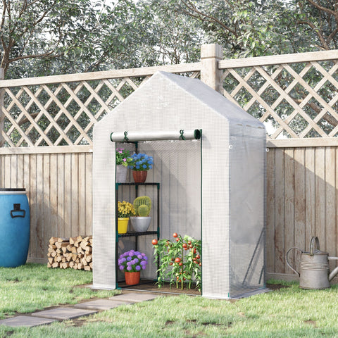 A white mesh sided outsunny walk in greenhouse with green metal frame and roll up door for gardening plants