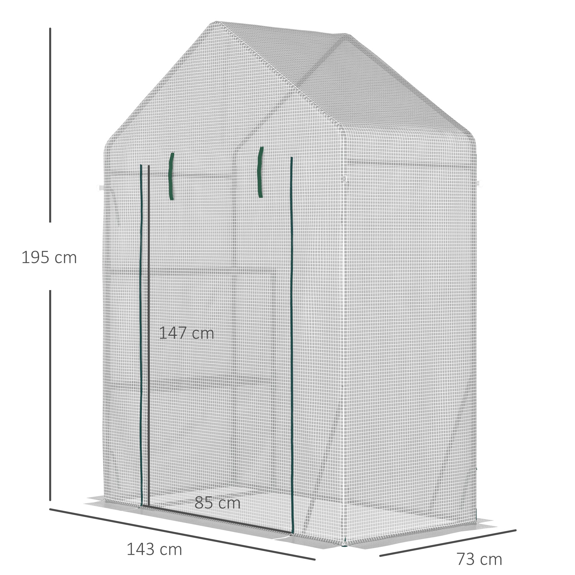 Outsunny white mesh greenhouse with green trim 2 tier shelf portable plant grow house with roll up door