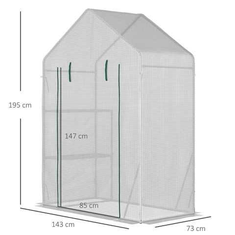 Outsunny white mesh greenhouse with green trim 2 tier shelf portable plant grow house with roll up door