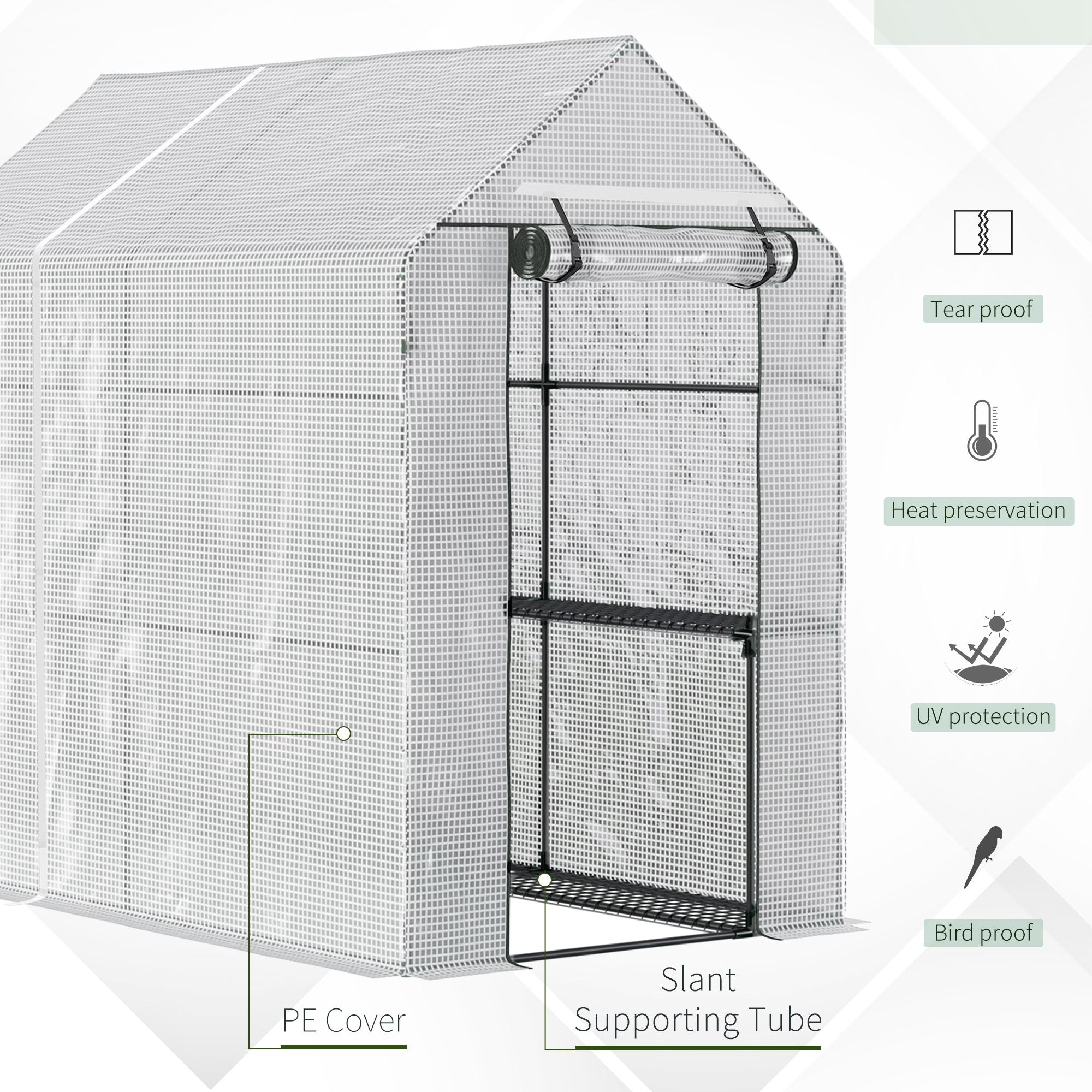 Outsunny walk in greenhouse with silver plastic cover, black steel frame, slant tubes, and 2-tier shelves for garden use