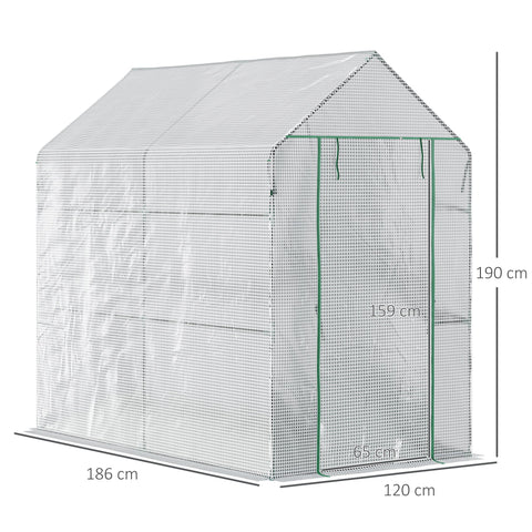 Outsunny walk in greenhouse in white with green steel frame tough core plastic cover and labeled dimensions for garden use