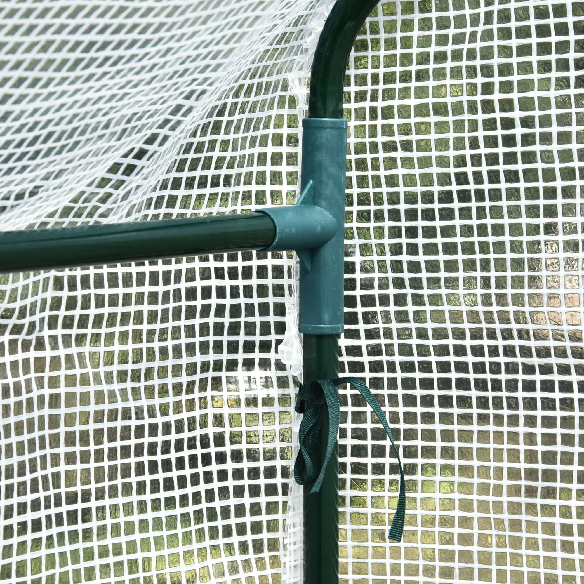 Dark green plastic frame joint securing white mesh netting on outsunny walk in greenhouse with tough core steel frame
