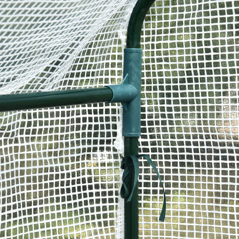 Dark green plastic frame joint securing white mesh netting on outsunny walk in greenhouse with tough core steel frame