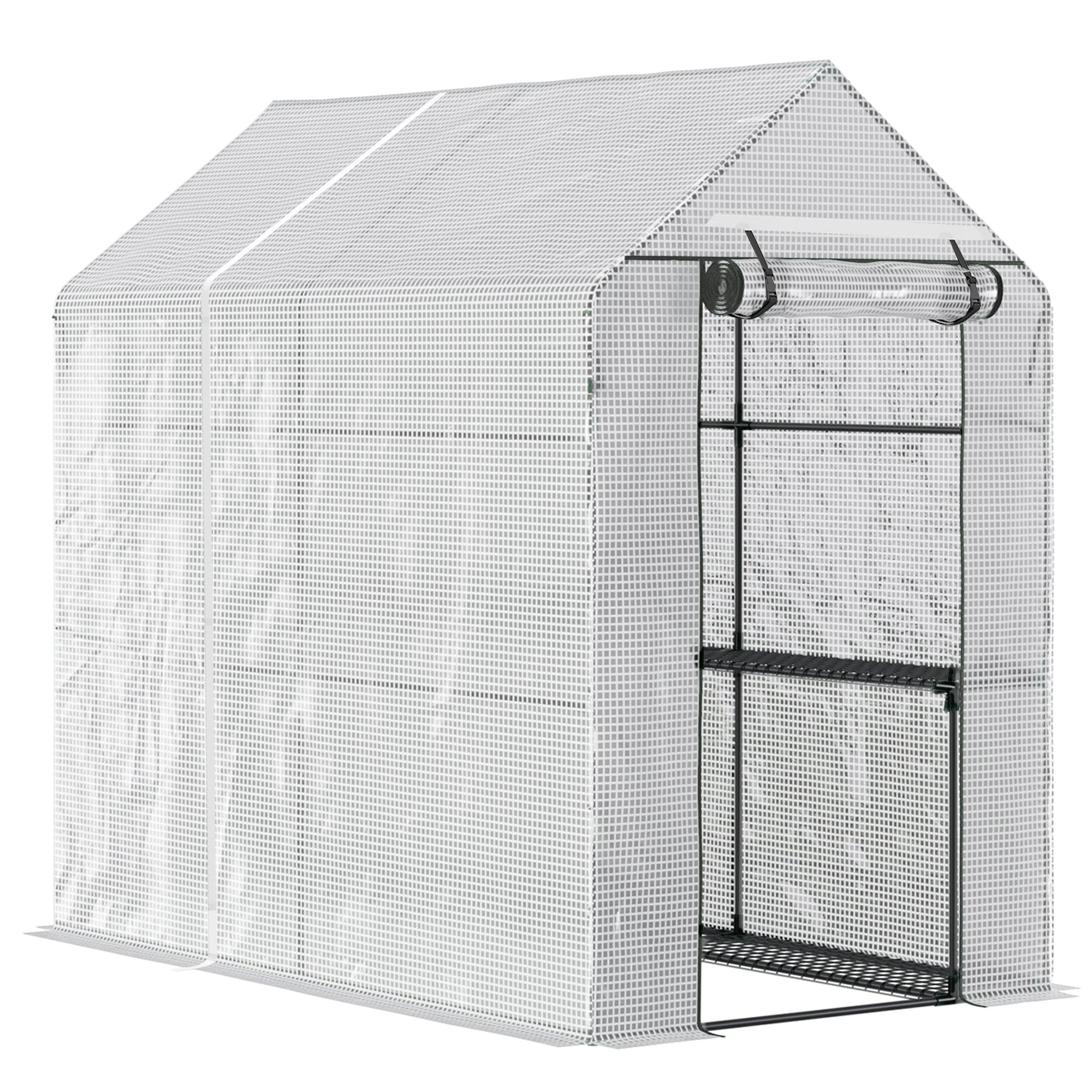 Outsunny walk in greenhouse with steel frame, tough core silver mesh, black metal shelving, and roll up zip door