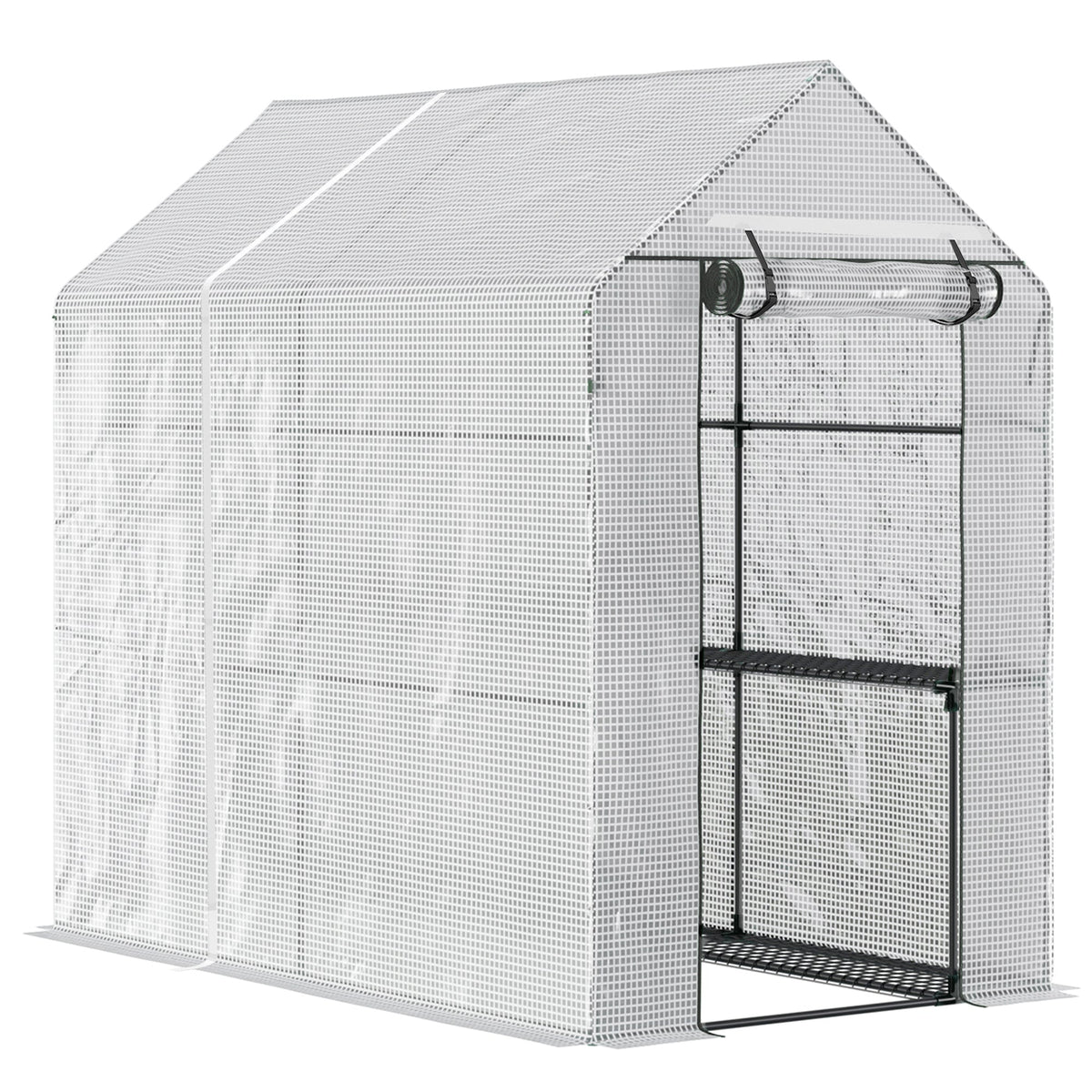 Outsunny walk in greenhouse with steel frame, tough core silver mesh, black metal shelving, and roll up zip door