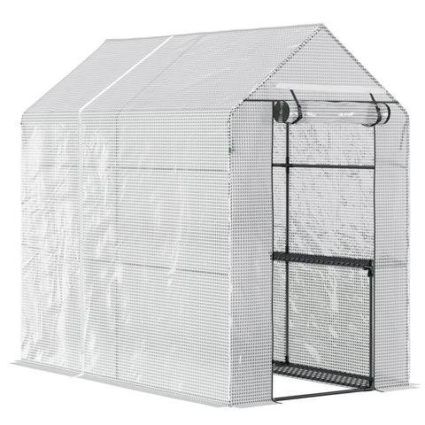 Outsunny walk in greenhouse with steel frame, tough core silver mesh, black metal shelving, and roll up zip door