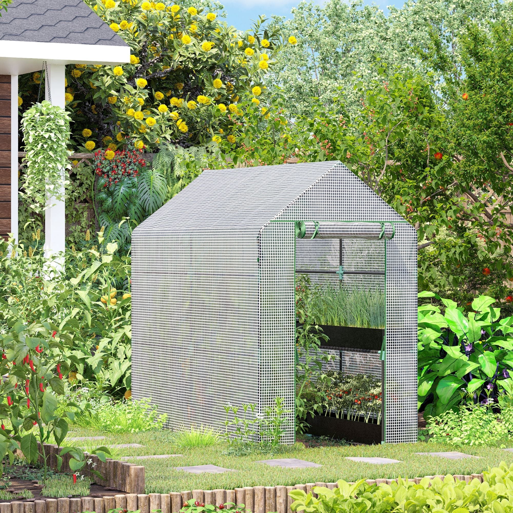 Outsunny walk in greenhouse with green steel frame, silver tough core mesh plastic cover, and peaked roof in garden
