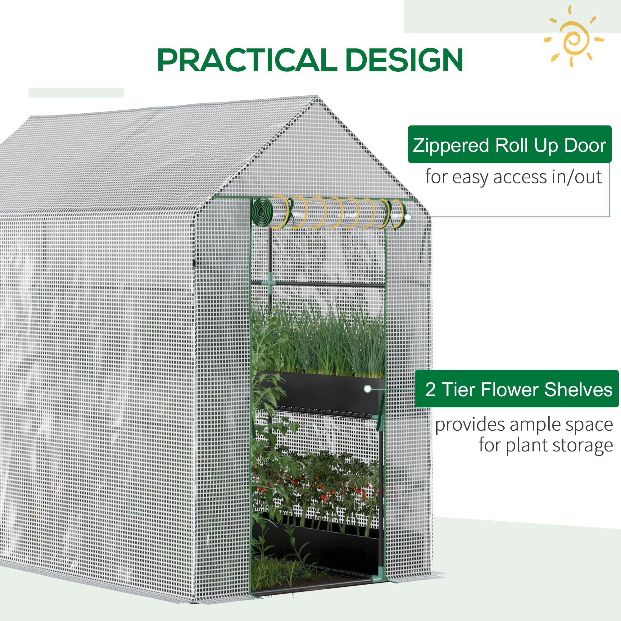 Outsunny walk in greenhouse with steel frame tough core plastic cover silver mesh green metal frame zippered roll up door