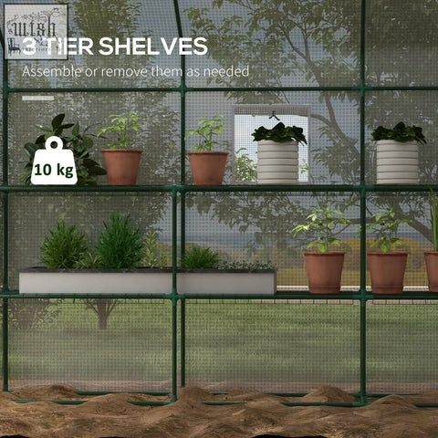 Green metal outsunny walk-in greenhouse with three tier shelves and three mesh windows for potted plants storage