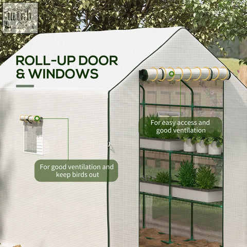 White mesh walk-in greenhouse with green metal frame three mesh windows roll-up door and reinforced pe cover