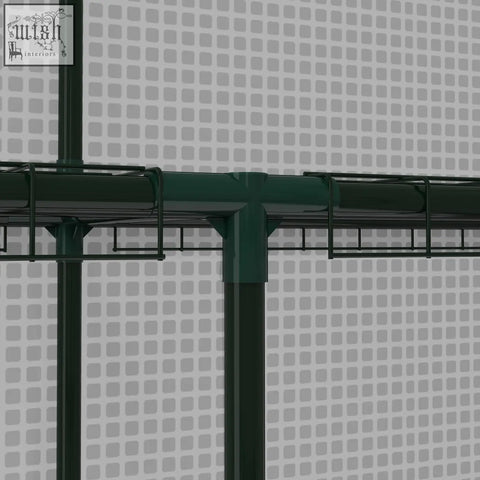Dark green metal wire mesh fence with vertical and horizontal poles on outsunny walk-in greenhouse with three mesh windows