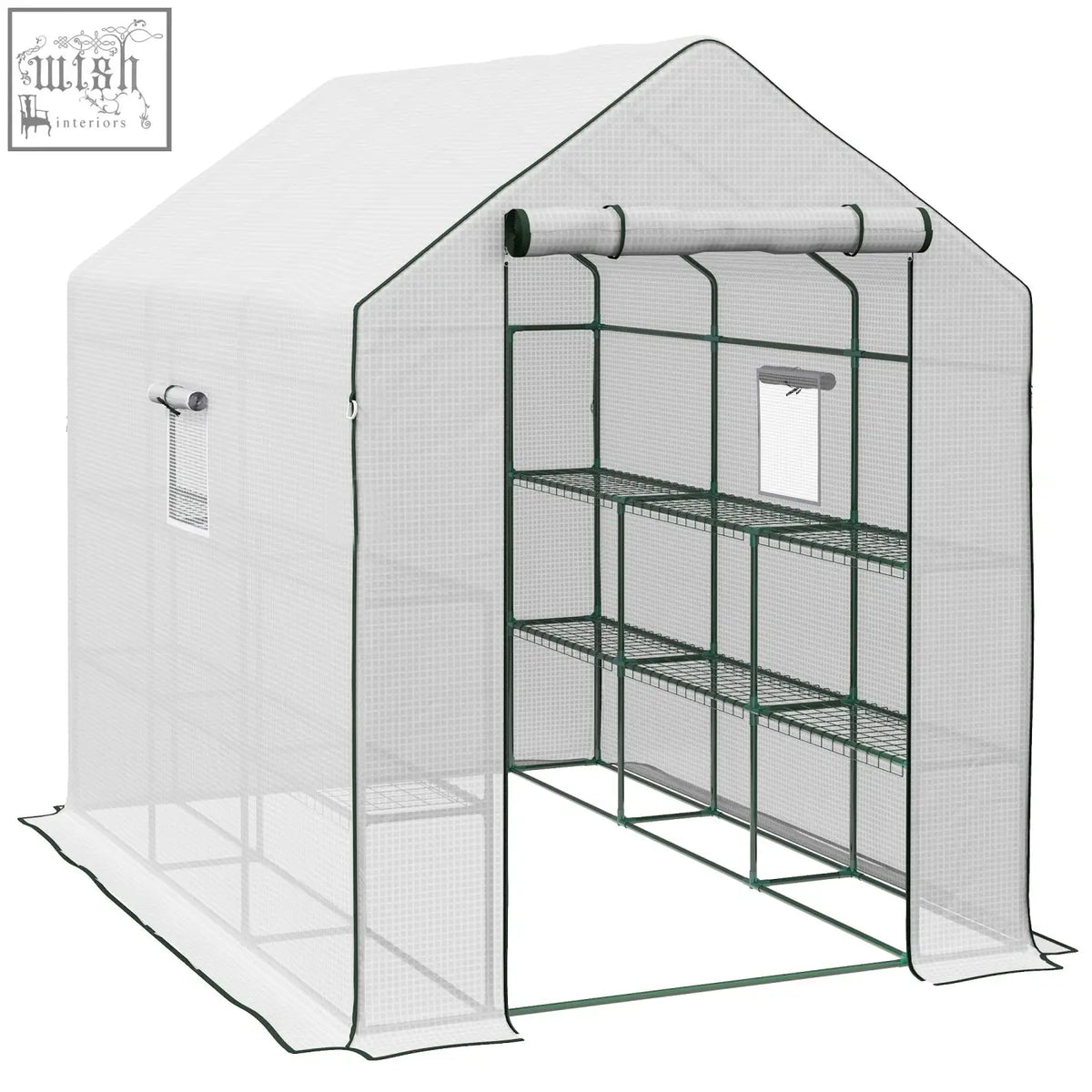 White outsunny walk-in greenhouse with green metal frame mesh sides three mesh windows and reinforced pe cover
