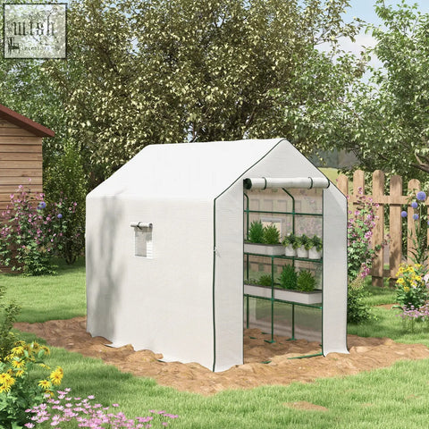 White outsunny walk-in greenhouse with green metal shelves, reinforced pe cover, small window, and three mesh windows