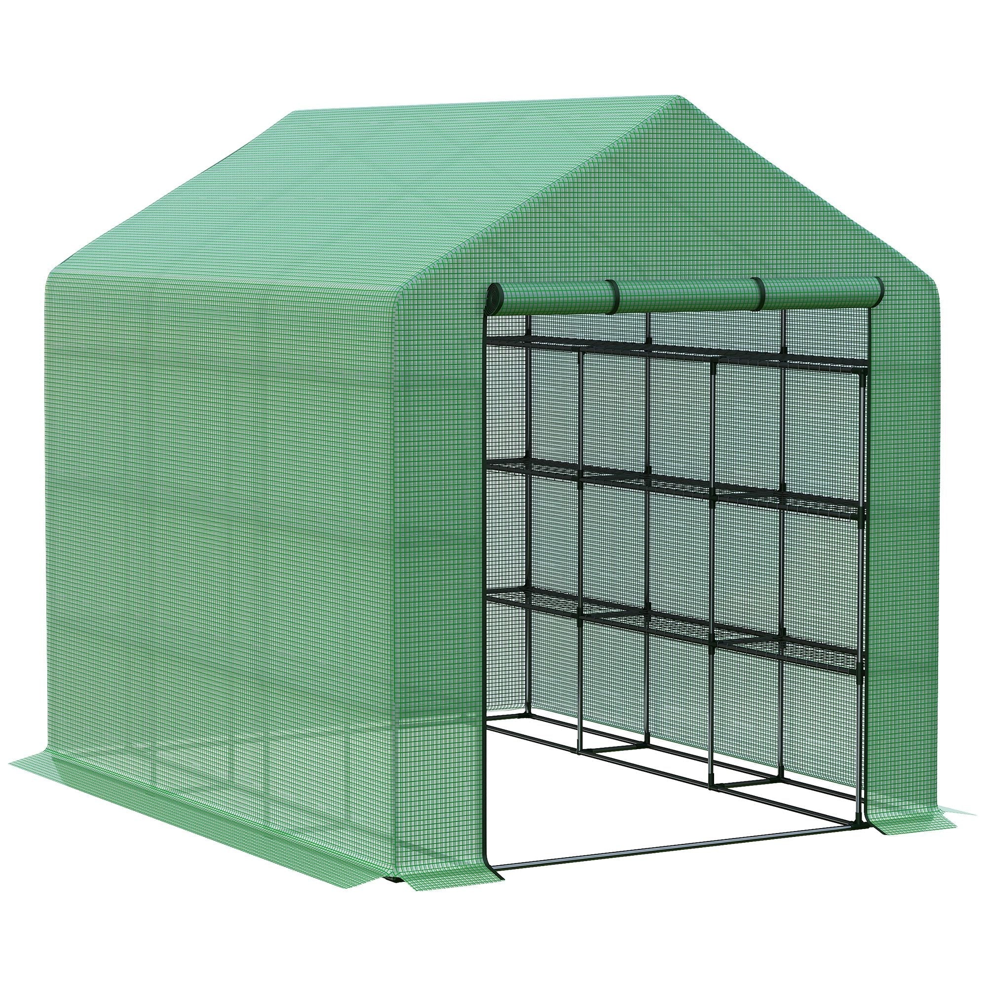 Outsunny walk-in greenhouse with green mesh and black powder coated steel frame featuring roll-up zipped door