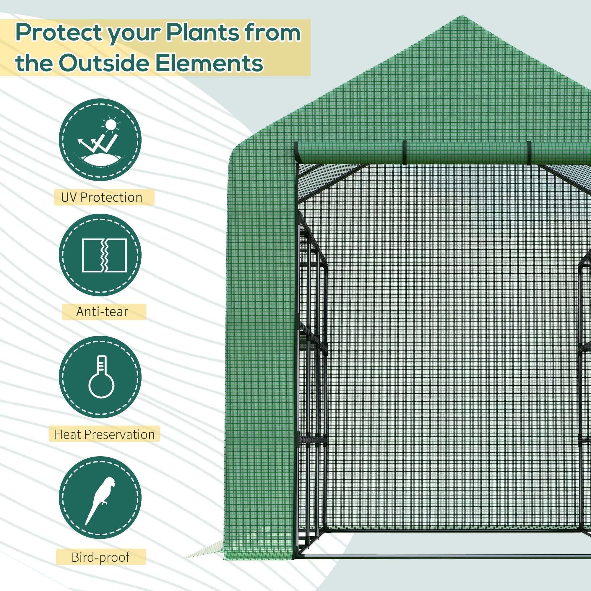 Outsunny walk-in greenhouse with green mesh and black powder coated steel frame featuring 4 tiers and 24 shelves