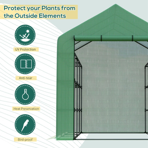 Outsunny walk-in greenhouse with green mesh and black powder coated steel frame featuring 4 tiers and 24 shelves
