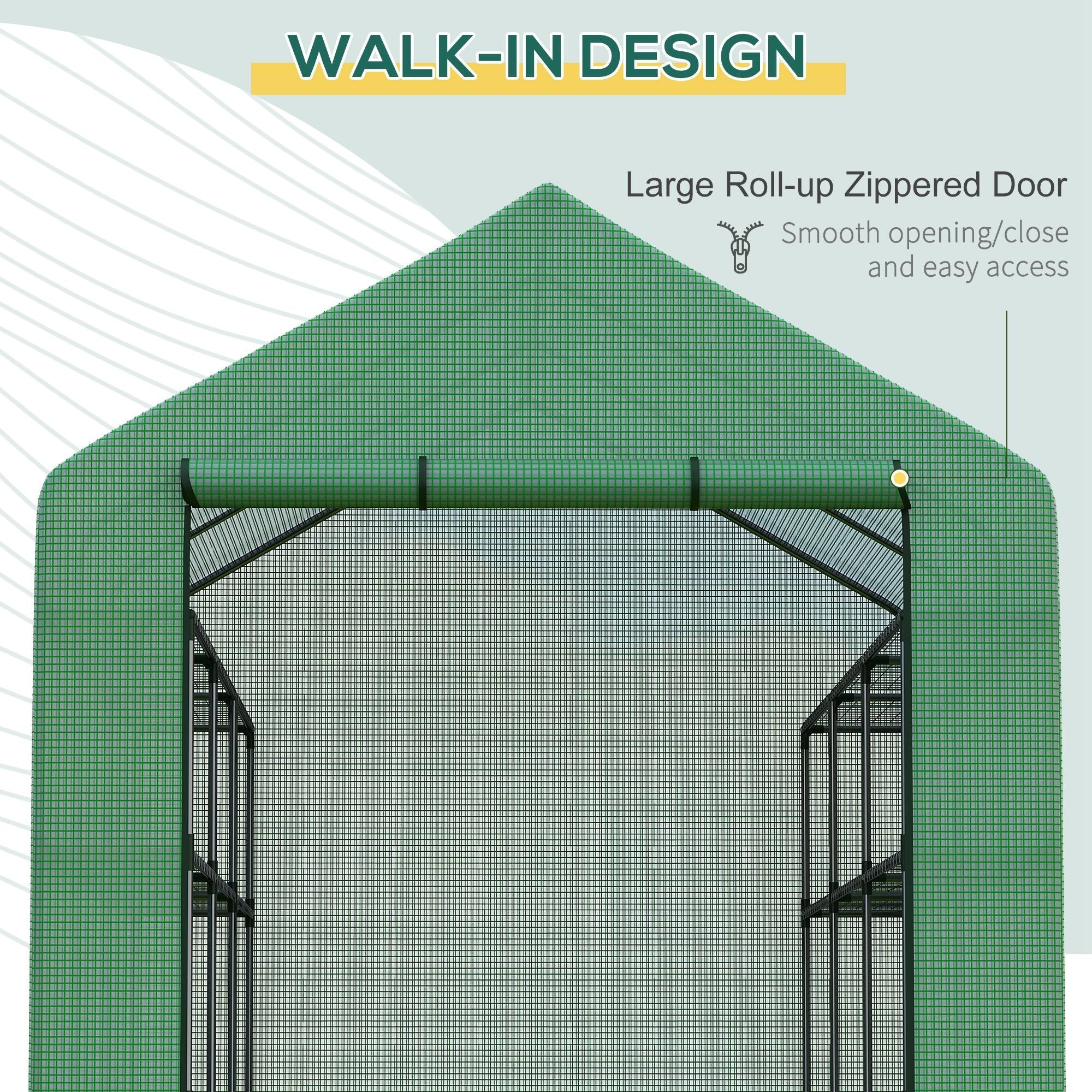 Outsunny walk-in greenhouse with green powder coated steel frame and large roll-up zipped door for easy access