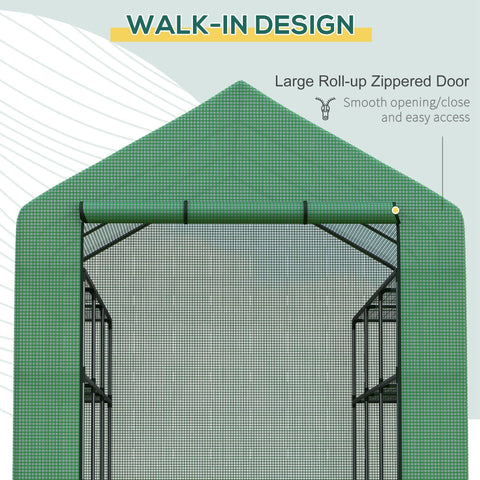 Outsunny walk-in greenhouse with green powder coated steel frame and large roll-up zipped door for easy access