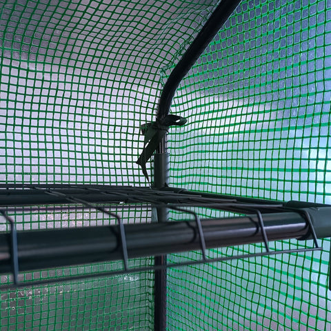 Outsunny walk-in greenhouse with green mesh, powder coated steel frame, 4 tier 24 shelves, and roll-up zipped door