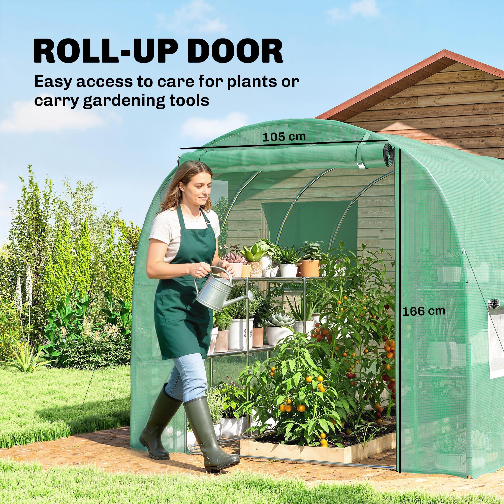 Green roll-up door polytunnel greenhouse with metal frame mesh windows and shelves for flower pots storage