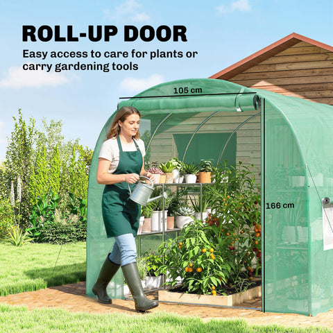 Green roll-up door polytunnel greenhouse with metal frame mesh windows and shelves for flower pots storage