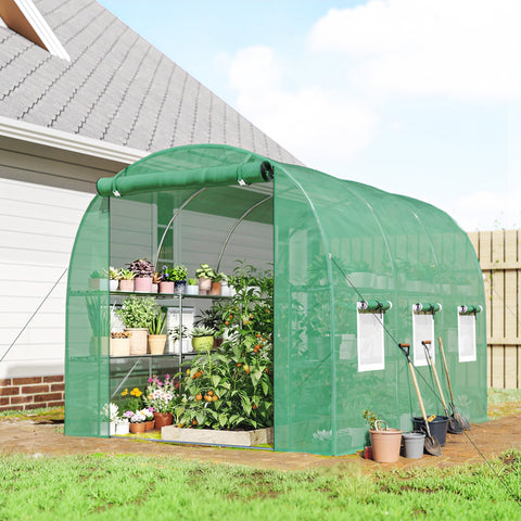 Green arched outsunny walk-in greenhouse with roll-up door mesh windows metal frame and flower pots inside