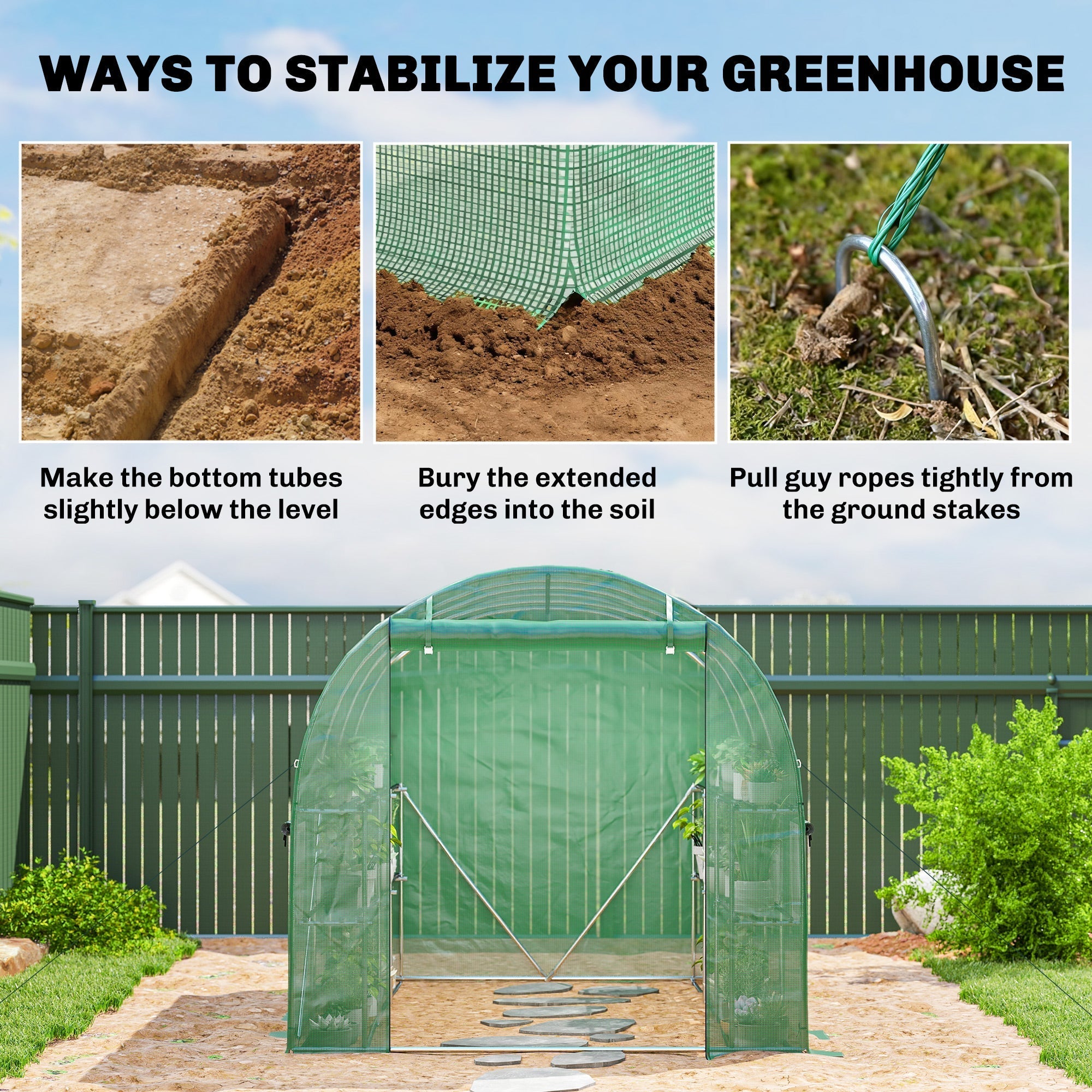Green arched outsunny walk-in greenhouse with metal frame mesh windows roll-up door and shelves for flower pots