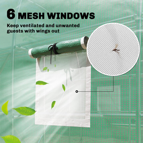 White mesh window panel with fine grid on outsunny green polytunnel greenhouse featuring roll-up door and mesh windows