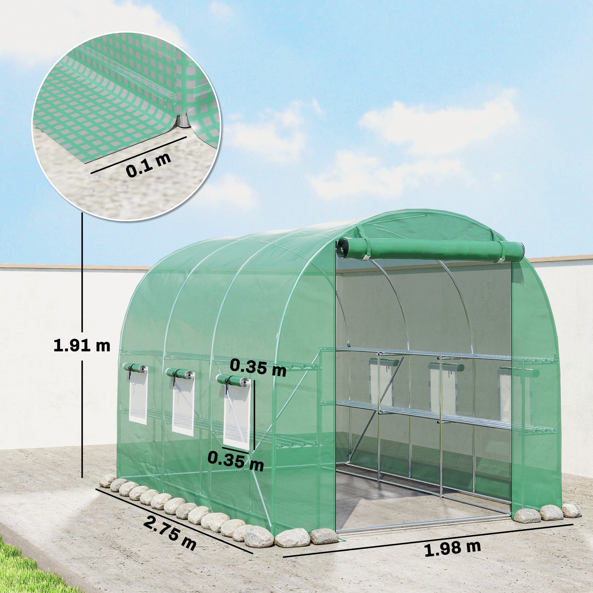 Outsunny green translucent plastic walk-in greenhouse with roll-up door mesh windows and metal shelves for flower pots