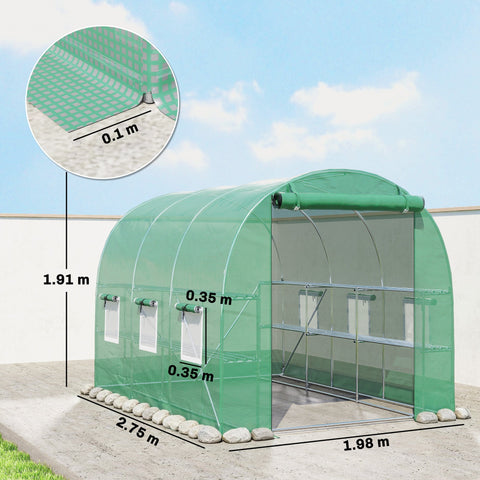 Outsunny green translucent plastic walk-in greenhouse with roll-up door mesh windows and metal shelves for flower pots