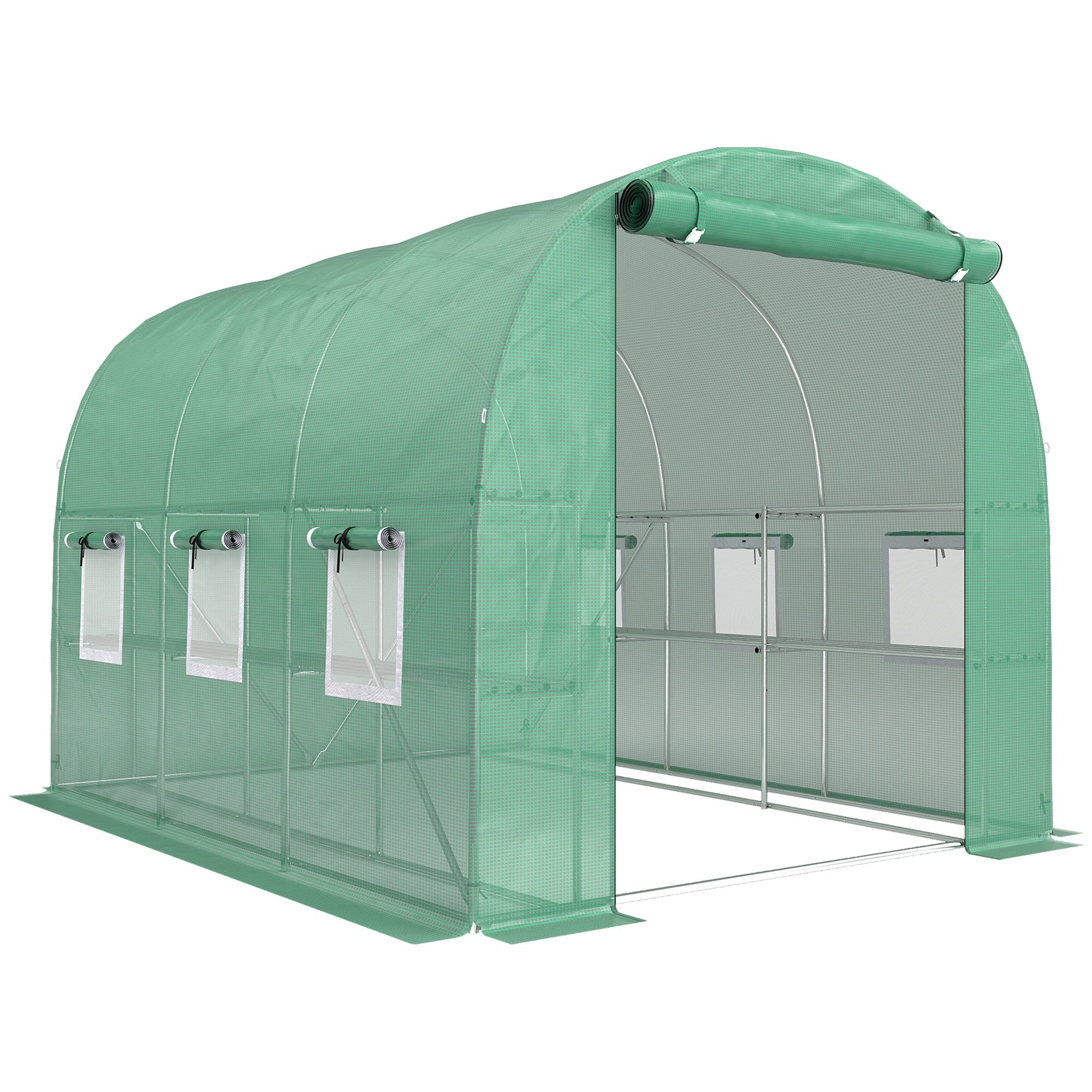 Green arched walk-in greenhouse with roll-up door mesh windows metal frame and space for flower pots