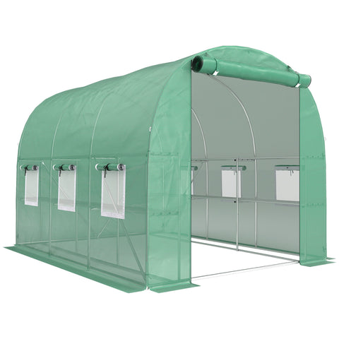 Green arched walk-in greenhouse with roll-up door mesh windows metal frame and space for flower pots