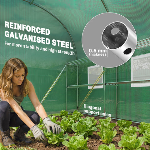 Green reinforced galvanized steel greenhouse frame with roll-up door and mesh windows for flower pots and plants