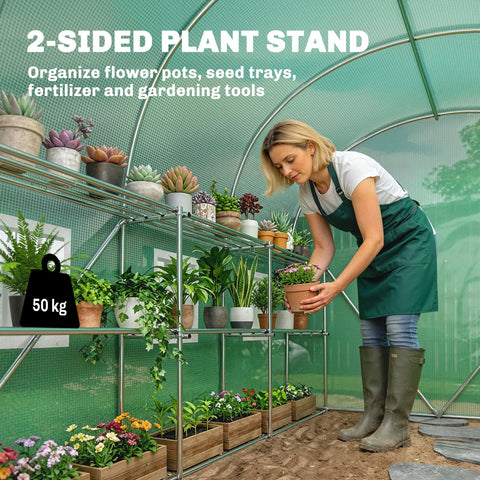 Silver metal 2-sided plant stand with green mesh sides for flower pots inside outsunny greenhouse with roll-up door and mesh windows