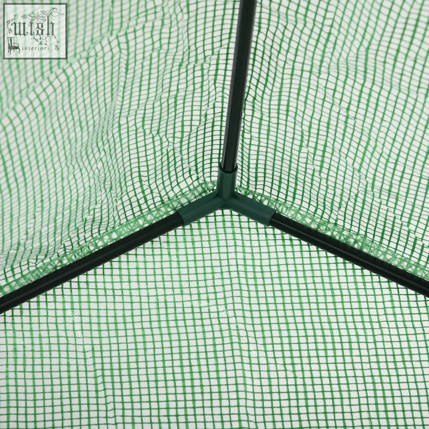 Green mesh portable greenhouse with steel frame and roll-up door for outdoor gardening with 2 tier shelves