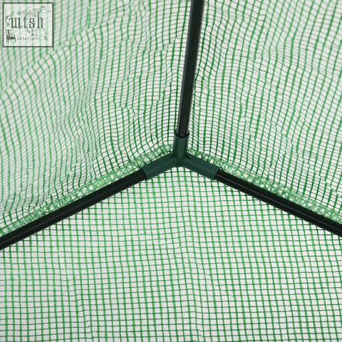 Green mesh portable greenhouse with steel frame and roll-up door for outdoor gardening with 2 tier shelves