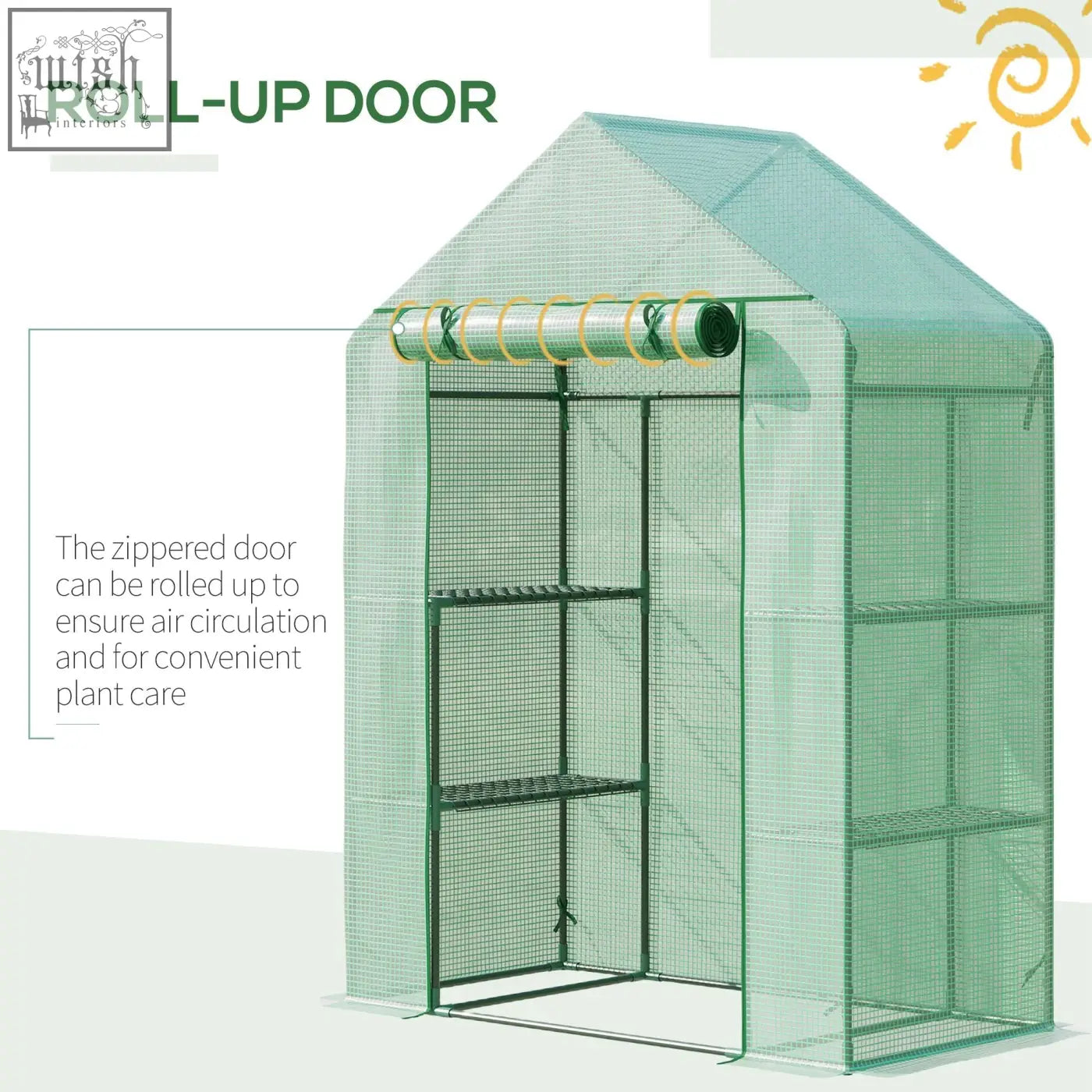 Green outsunny portable greenhouse with steel frame, roll-up door, and 2 tier shelves for outdoor gardening