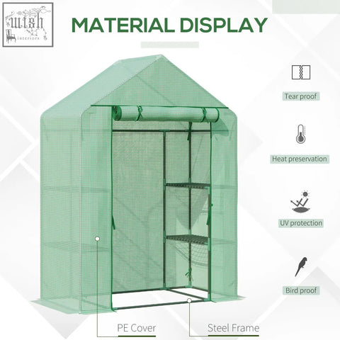Outsunny walk in greenhouse in green with steel frame, roll-up door, and 2 tier shelves for extending growing season