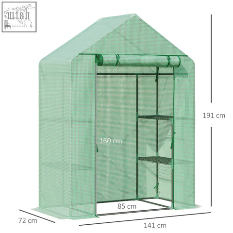 Outsunny walk in greenhouse with steel frame, green mesh cover, roll-up door, and 2 tier shelves for easy gardening